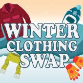 Animation of winter clothing items with the words, Winter Clothing Swap.