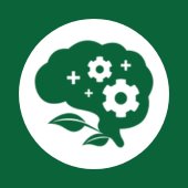 Green and white icon of brain with gears for Mental Health Awareness Month.