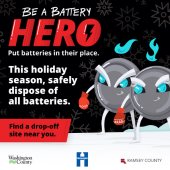 Illustration of button batteries wearing mittens that says "Be a Battery Hero."