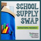 Image of backpack and school supplies requesting donations for a school supply swap.