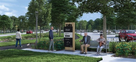 Concept rendering view of the proposed seating area on 209th Street near City Hall, with kiosk and landscaping