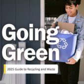 Cover image of 2025 Going Green Guide, showing a male bringing out a bag of recyclables. 