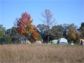 Tents lined by fall colored trees.