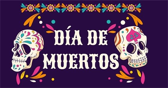 Banner for a Día de Muertos event on Saturday, October 29 from 1-4 p.m. at Lake Elmo Park Reserve Nordic Center, featuring vivid floral decorations and two decorated skulls on a purple background.