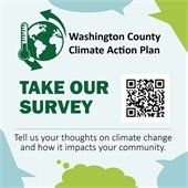 Image with icon of world and temperature gauge, asking people to take our survey to share your thoughts on climate change and how it impacts your community.