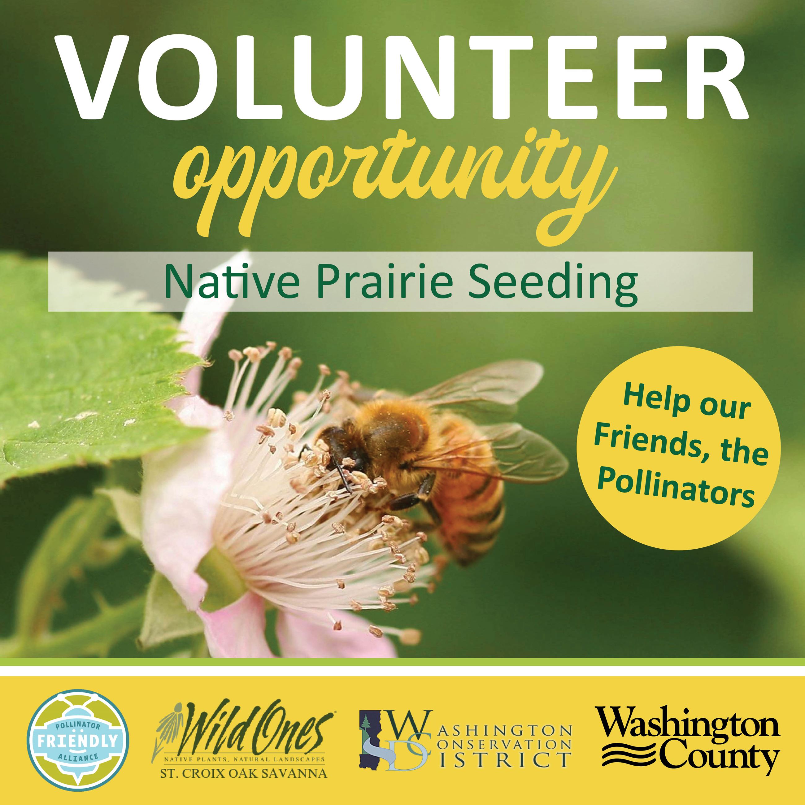 Volunteer opportunity. Native prairie seeding. Help our friends, the Pollinators.