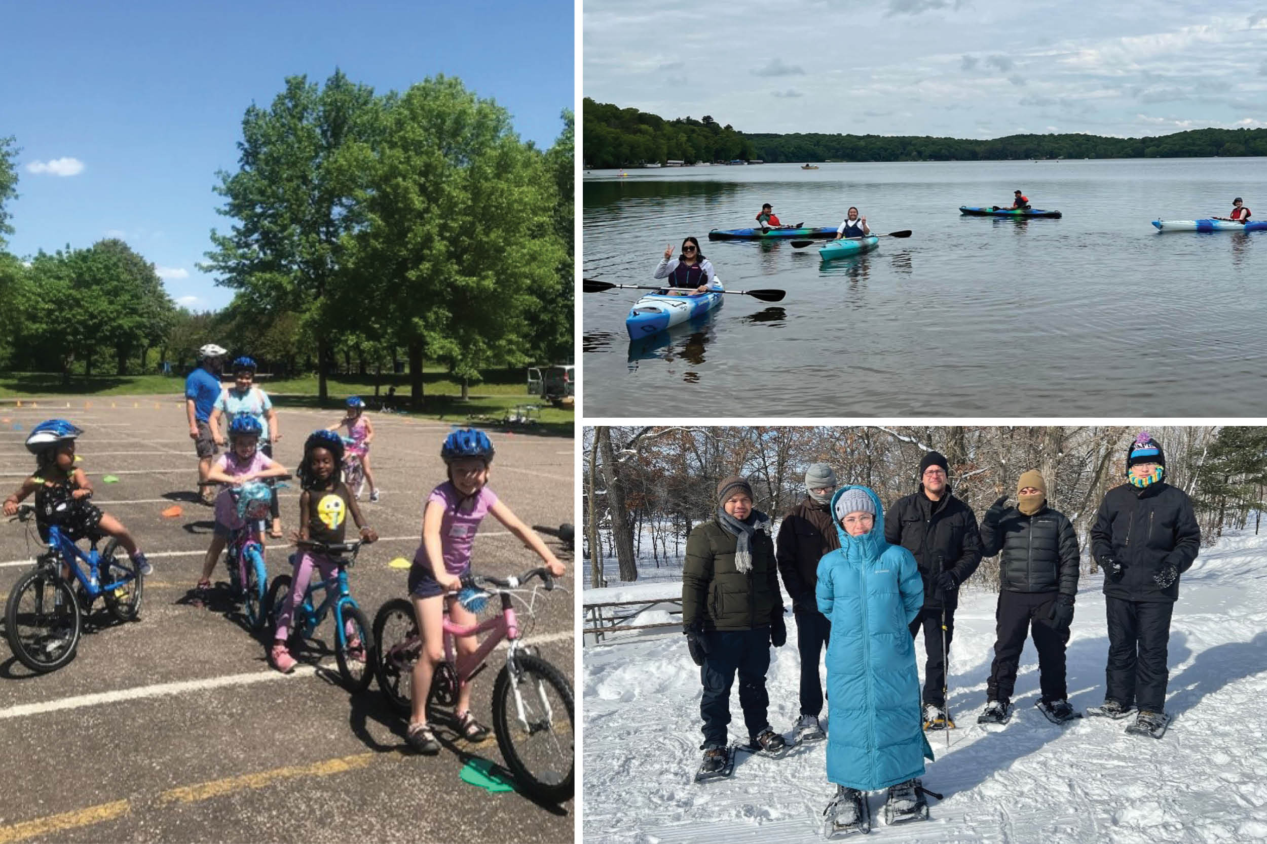 Children on bikes, people on kayaks on the lake, people in snowshoes